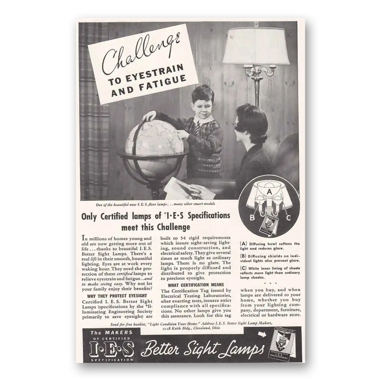 1938 IES Better Sight Lamps Challenge to Eyestrain Vintage Magazine Print Ad