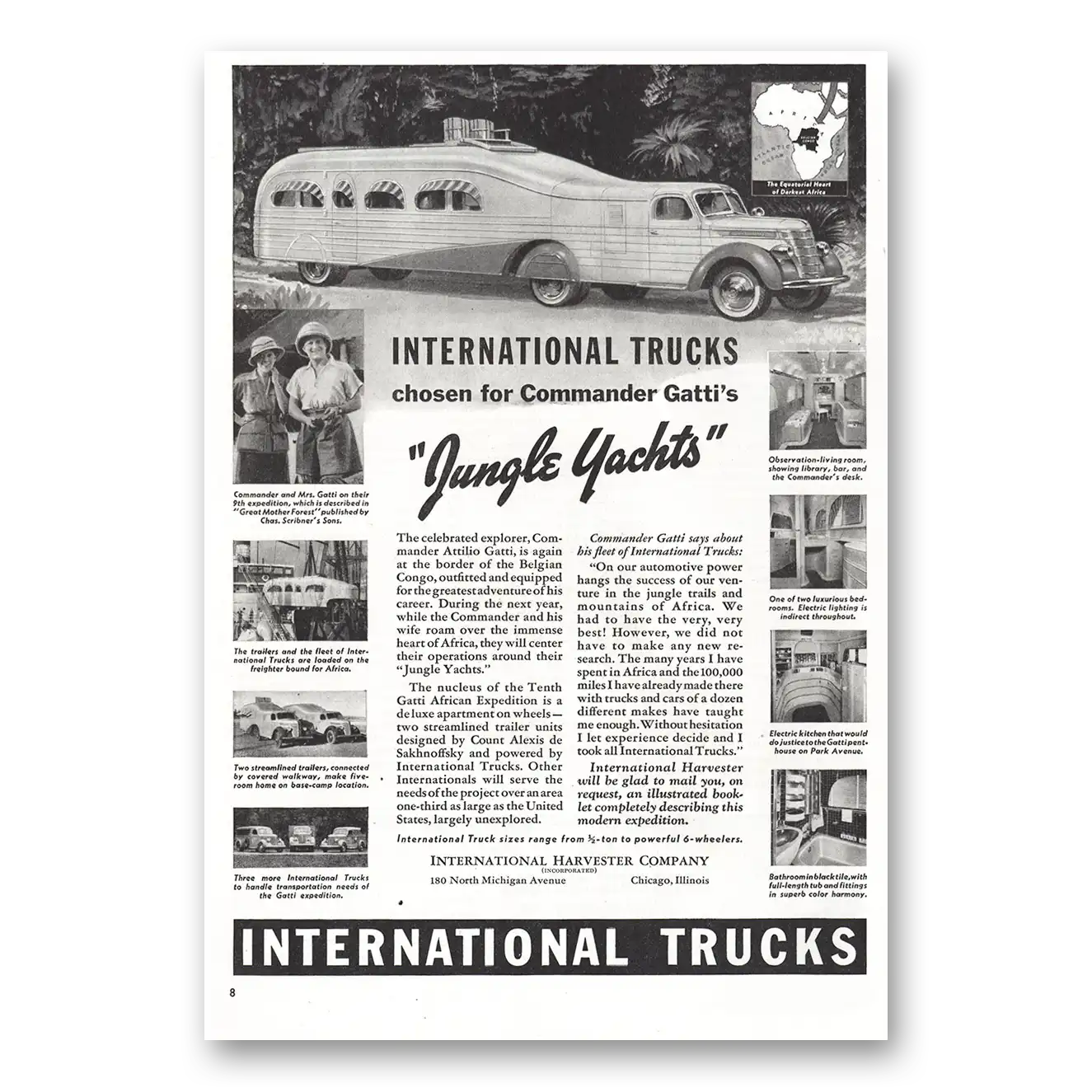 1938 International Trucks Commander Gatti Jungle Yachts Vintage Magazine Print Ad