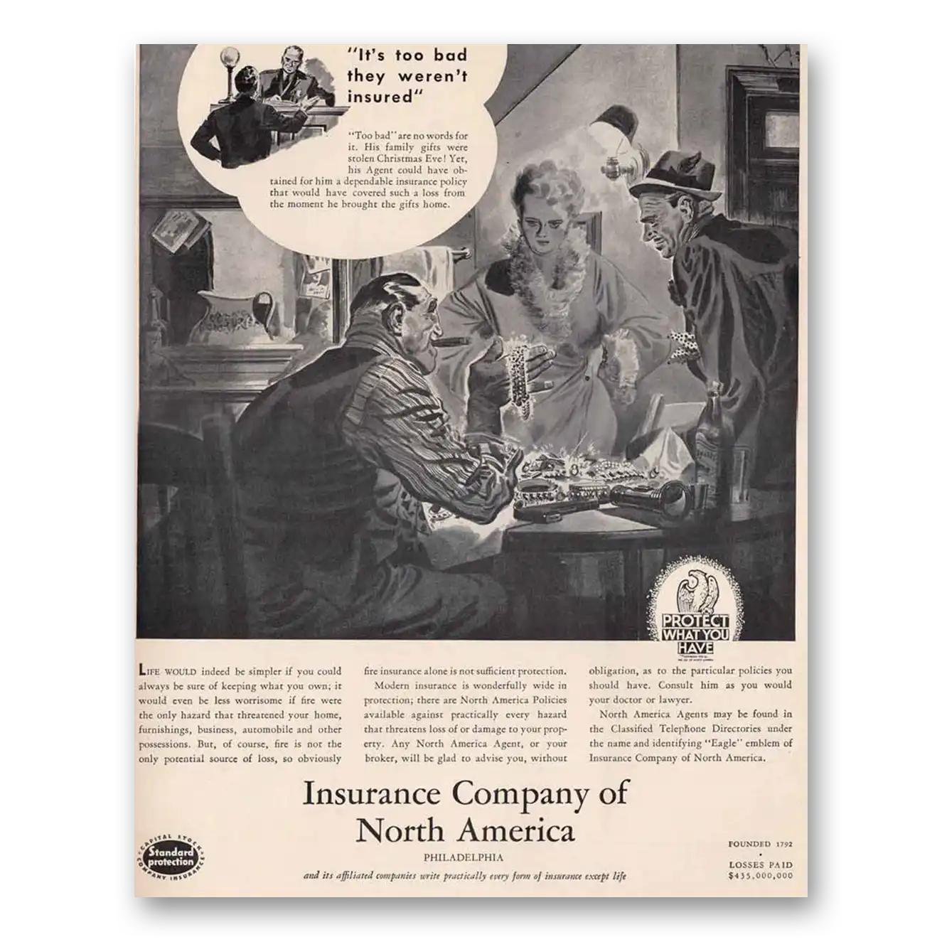 1938 Insurance Company North America INA They Weren't Insured Vintage Magazine Print Ad