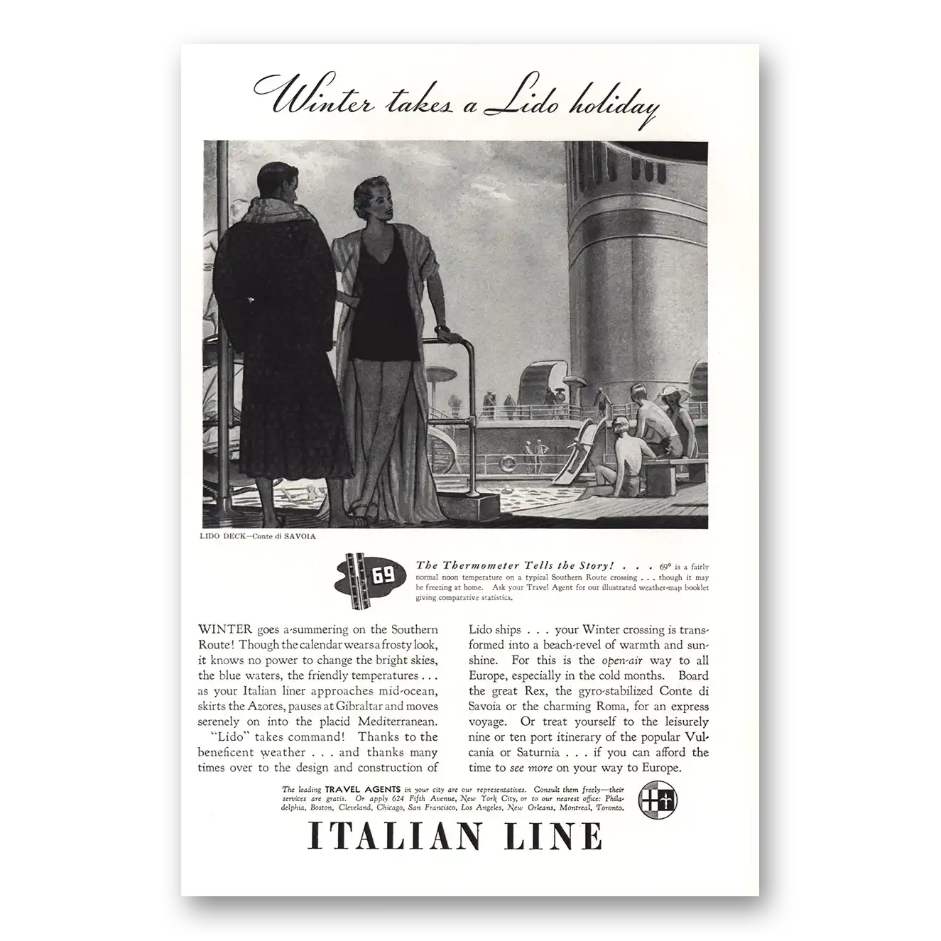 1938 Italian Line Winter Takes Lido Holiday Vintage Magazine Print Ad