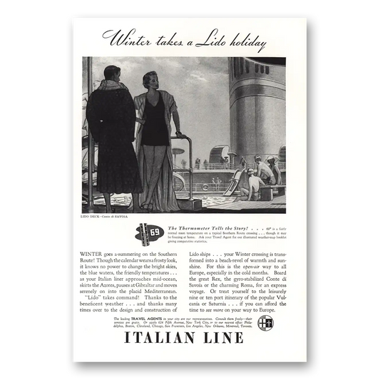 1938 Italian Line Winter Takes Lido Holiday Vintage Magazine Print Ad