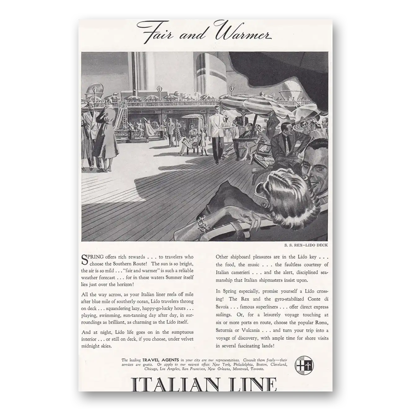 1938 Italian Line Fair and Warmer SS Rex Vintage Magazine Print Ad