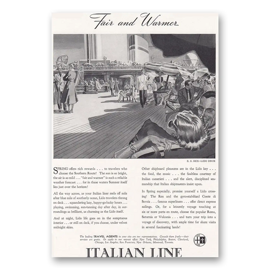 1938 Italian Line Fair and Warmer SS Rex Vintage Magazine Print Ad