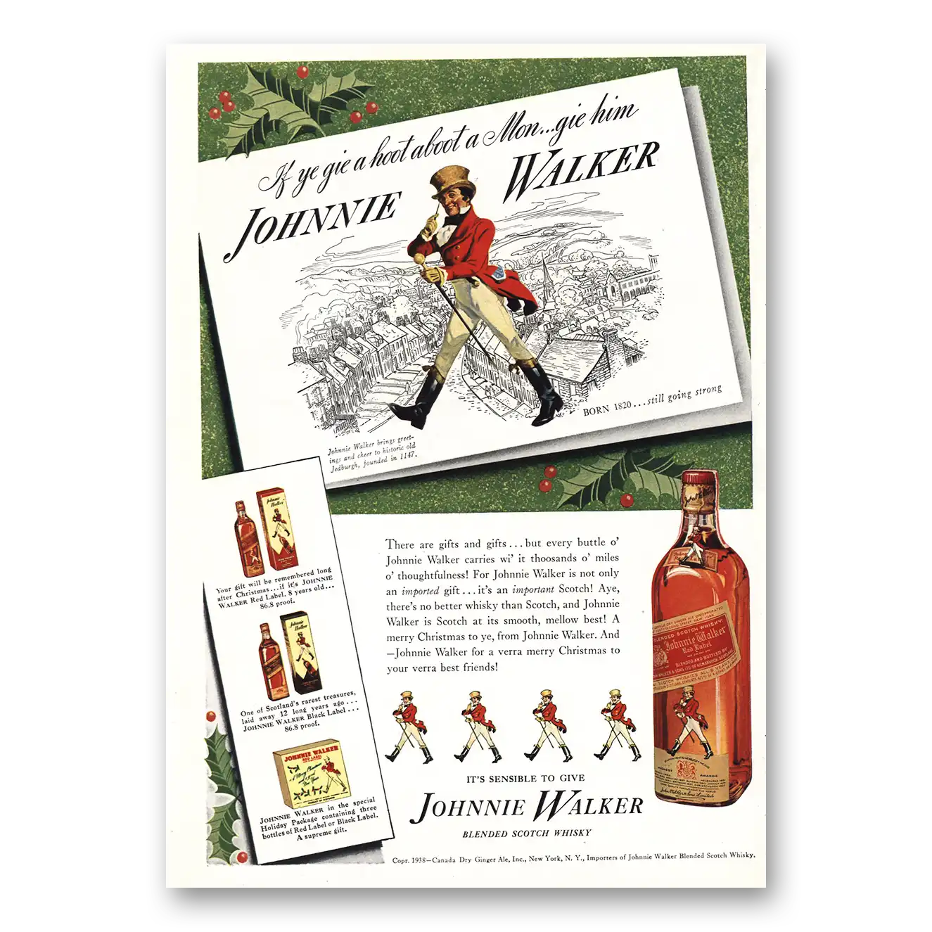 1938 Johnnie Walker Red Label Ye Gie Hoot About Mon Vintage Magazine Print Ad