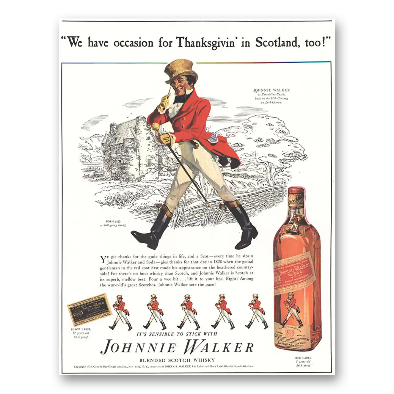 1938 Johnnie Walker Red Label We Have Occasion for Thanksgiving in Scotland Vintage Magazine Print Ad