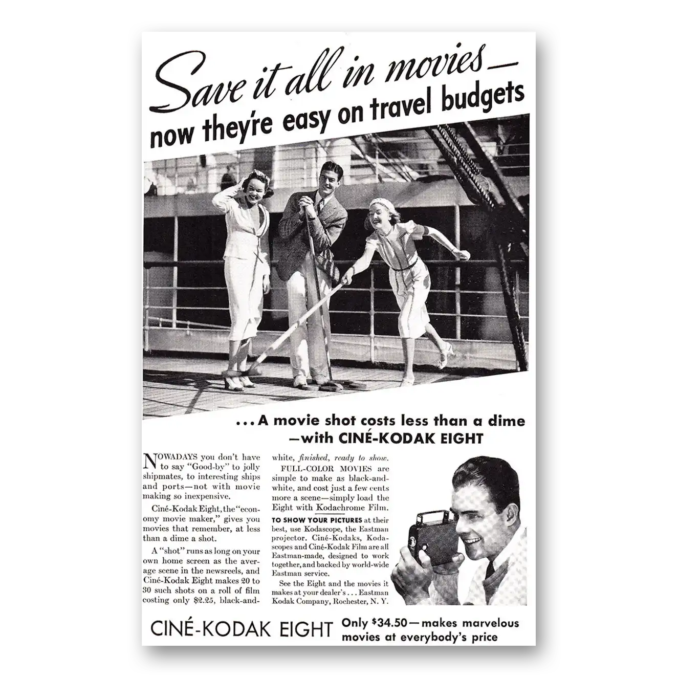 1938 Cine Kodak Eight Camera Shuffle Board Save It All in Movies Vintage Magazine Print Ad