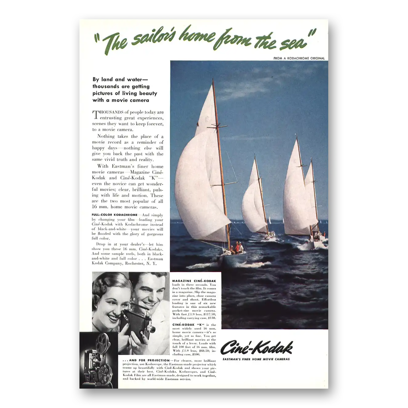 1938 Cine Kodak K Camera Sailors Home From the Sea Vintage Magazine Print Ad