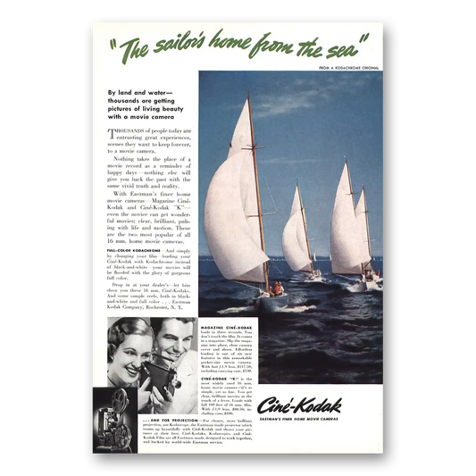 1938 Cine Kodak K Camera Sailors Home From the Sea Vintage Magazine Print Ad