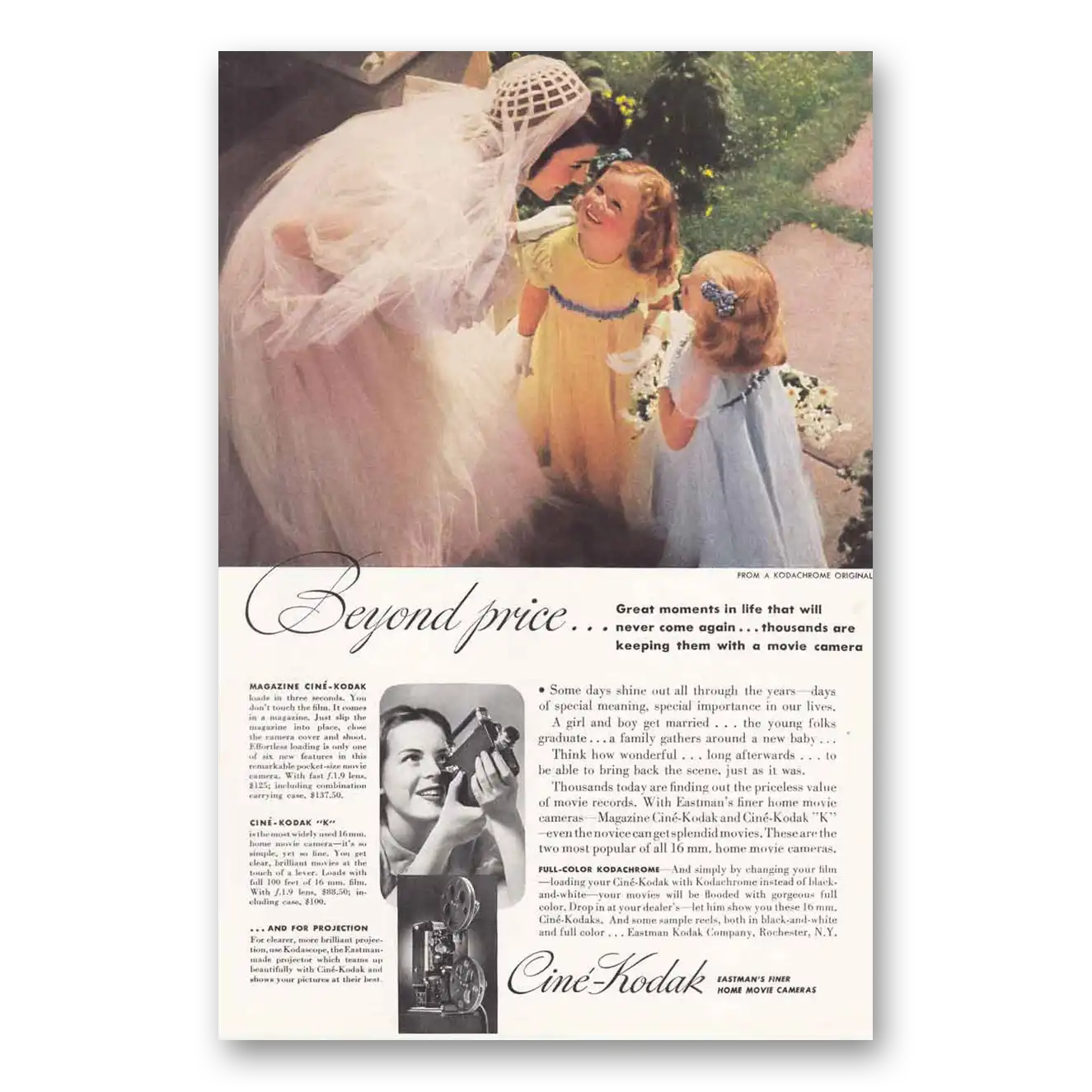 1938 Cine Kodak K Camera Beyond Price Bride and Flower Girls Vintage Magazine Print Ad