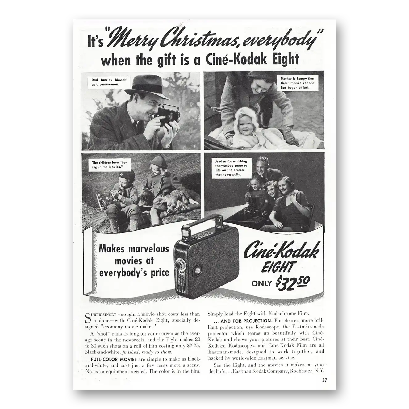 1938 Cine Kodak Eight Camera Merry Christmas Vintage Magazine Print Ad