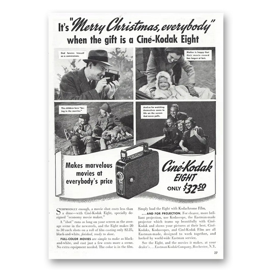 1938 Cine Kodak Eight Camera Merry Christmas Vintage Magazine Print Ad