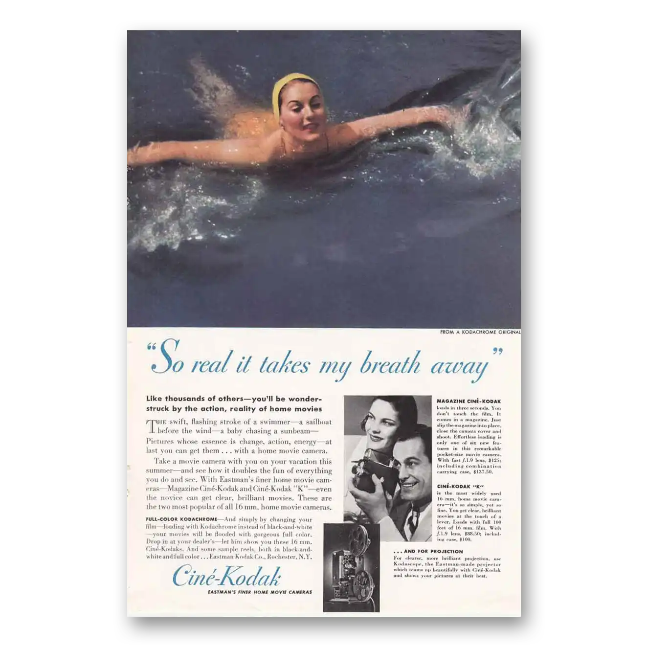 1938 Cine Kodak K Camera Takes My Breath Away Swimmer Vintage Magazine Print Ad