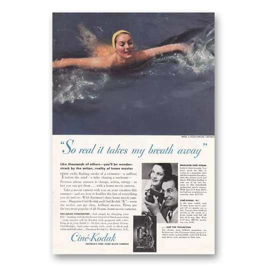 1938 Cine Kodak K Camera Takes My Breath Away Swimmer Vintage Magazine Print Ad