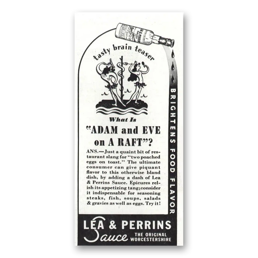 1938 Lea & Perrins Adam and Eve On Raft Vintage Magazine Print Ad