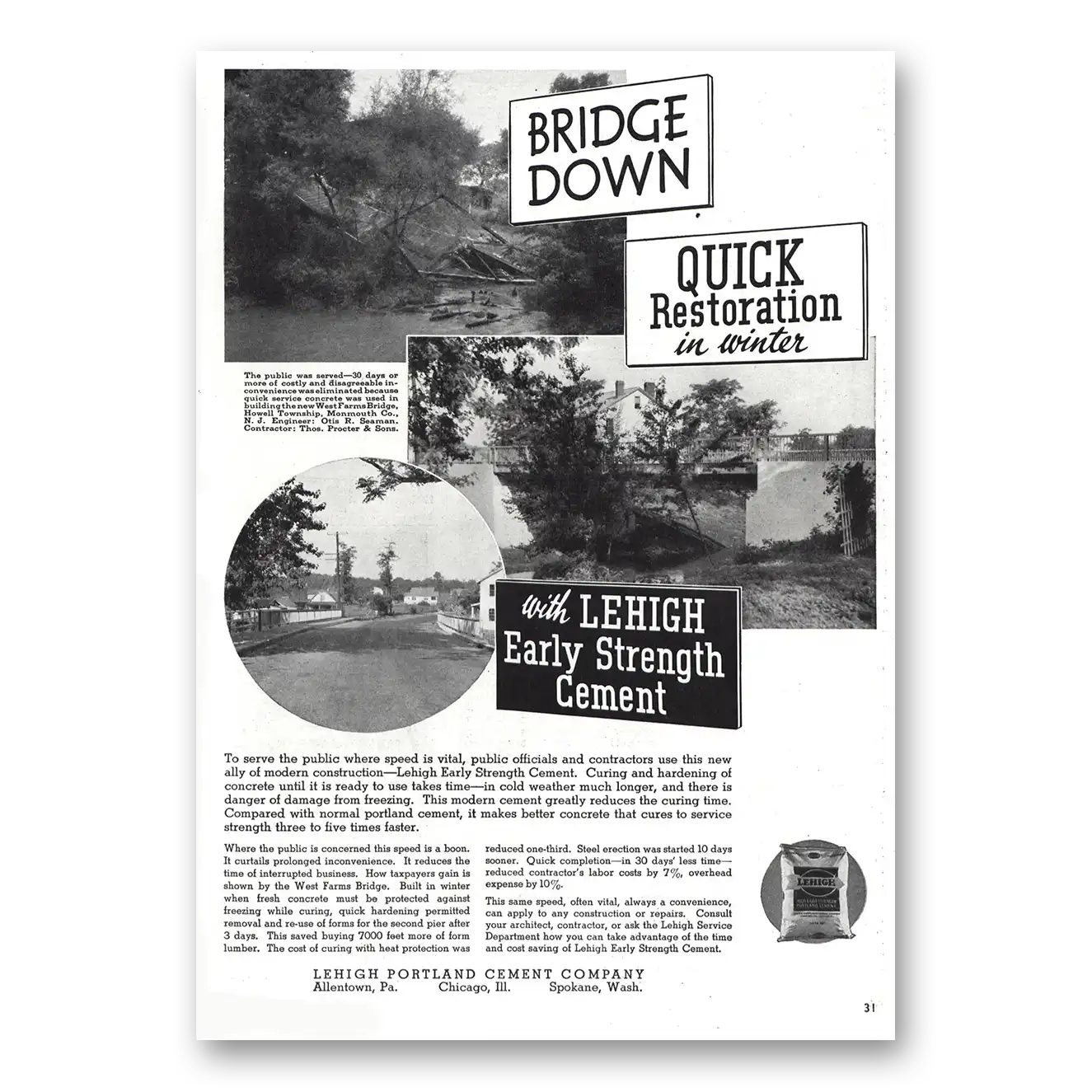 1938 Lehigh Portland Cement Bridge Down Vintage Magazine Print Ad