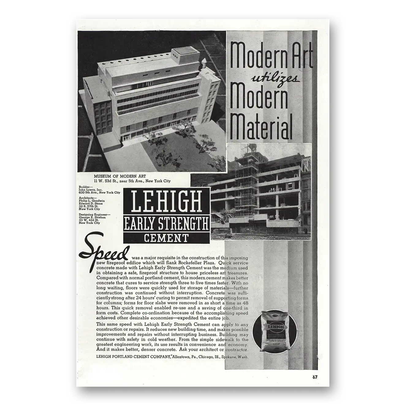 1938 Lehigh Portland Cement Modern Art Vintage Magazine Print Ad