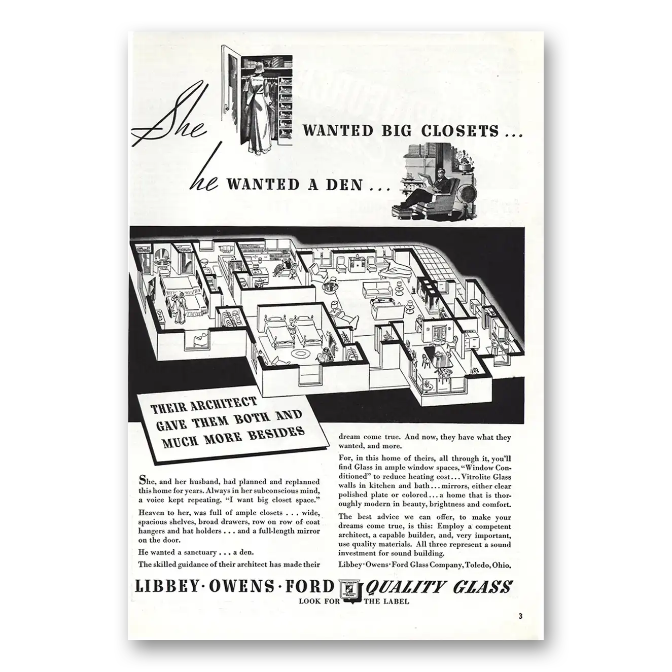 1938 Libbey Owens Ford Big Closets Den Vintage Magazine Print Ad