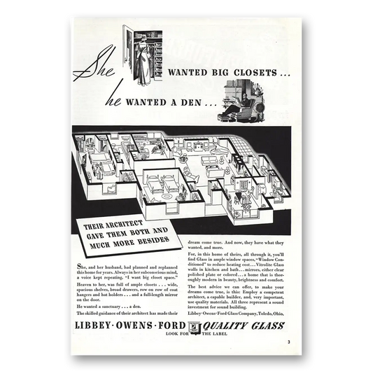 1938 Libbey Owens Ford Big Closets Den Vintage Magazine Print Ad