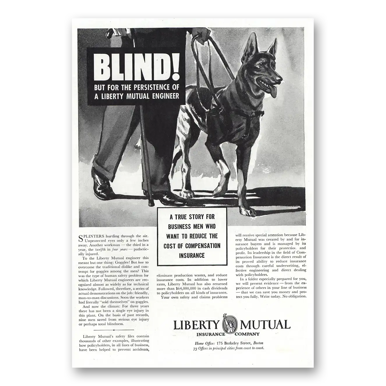 1938 Liberty Mutual Insurance Blind Vintage Magazine Print Ad