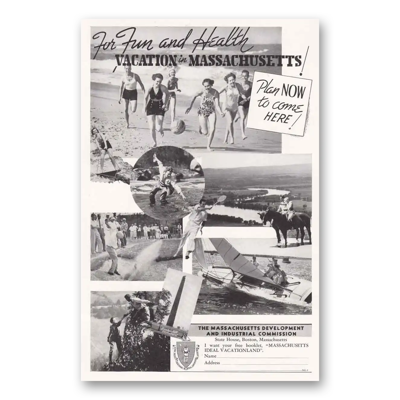 1938 Massachusetts Fun and Health Vacation Vintage Magazine Print Ad