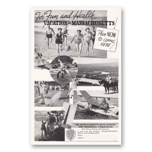 1938 Massachusetts Fun and Health Vacation Vintage Magazine Print Ad