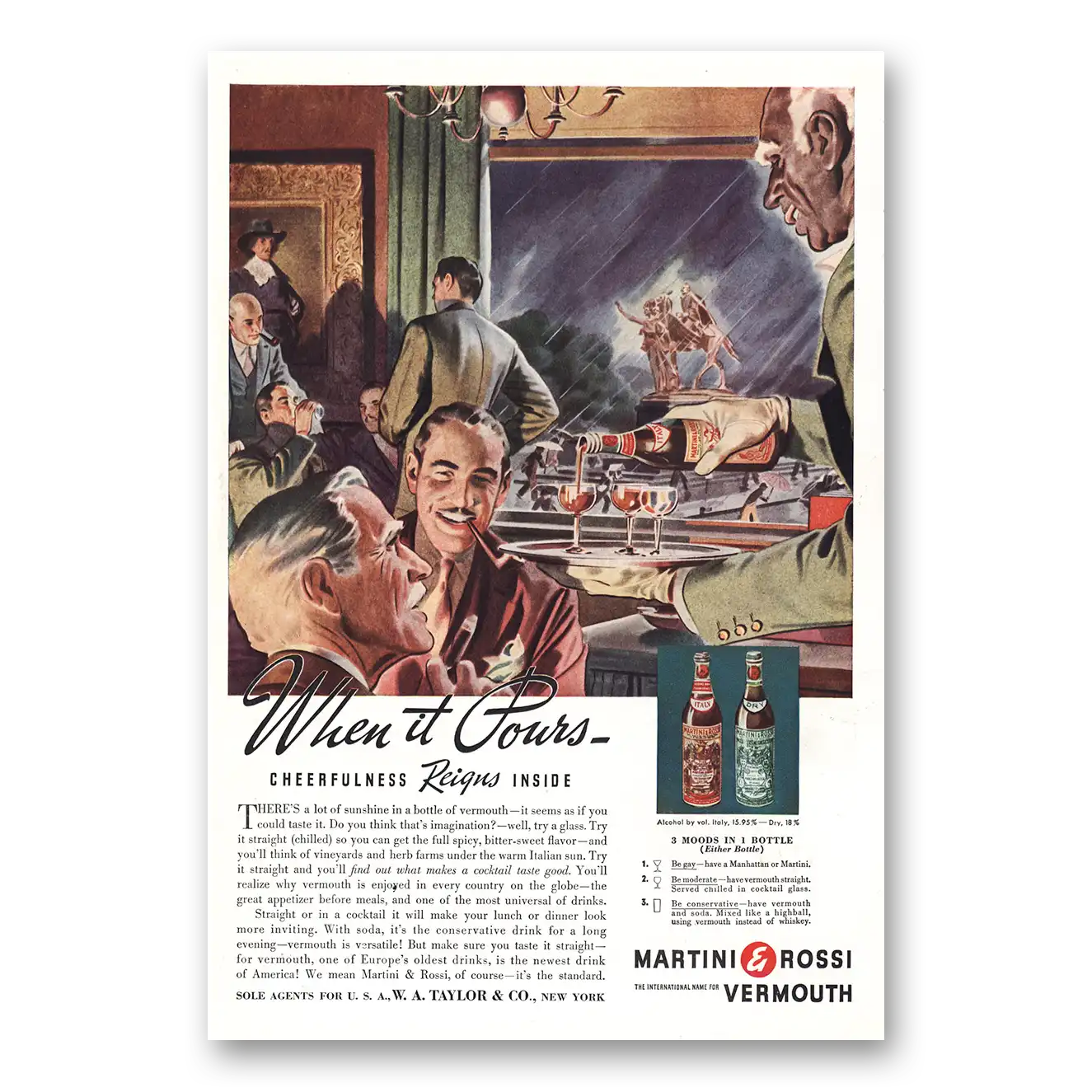 1938 Martini & Rossi When It Pours Cheerfulness Reigns Vintage Magazine Print Ad