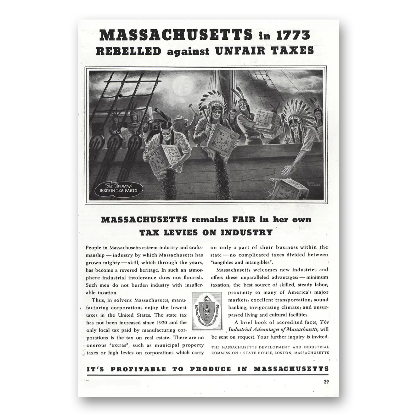 1938 Massachusetts Rebelled Against Unfair Taxes Vintage Magazine Print Ad