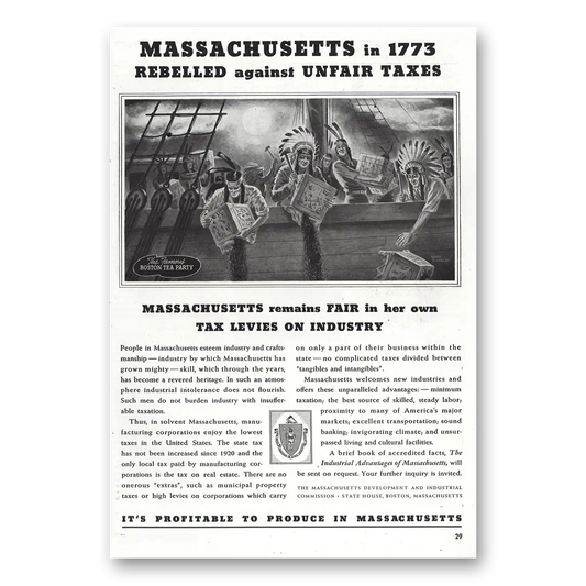 1938 Massachusetts Rebelled Against Unfair Taxes Vintage Magazine Print Ad