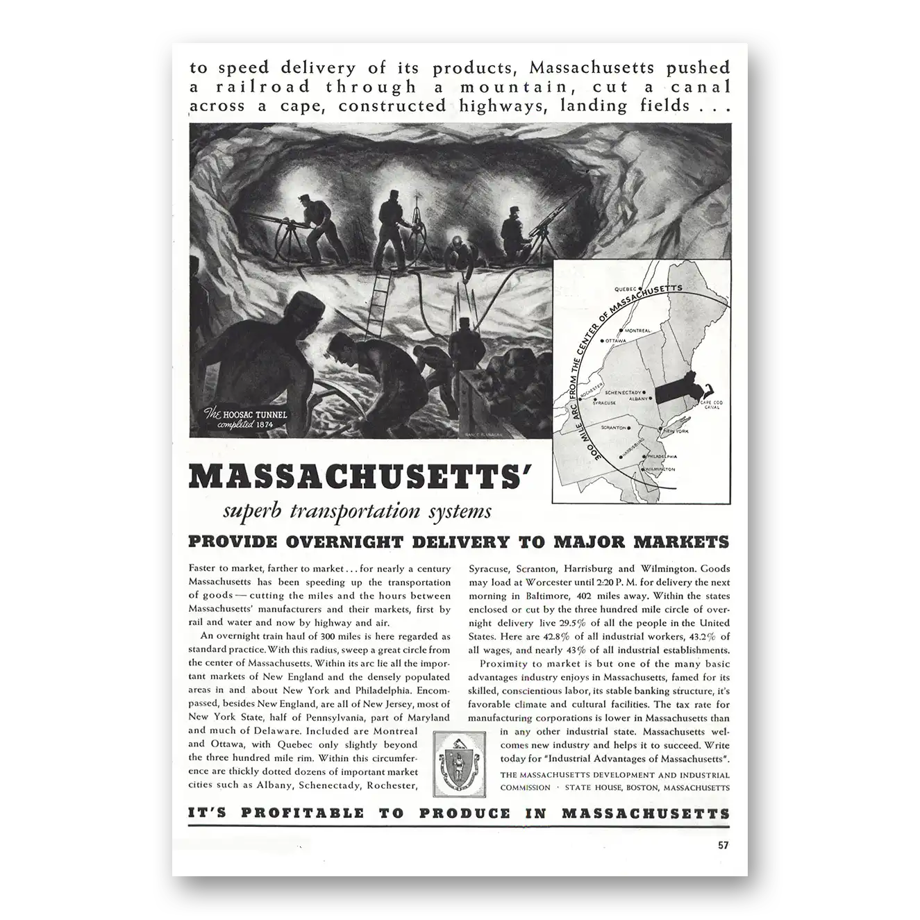 1938 Massachusetts Overnight Delivery to Major Markets Vintage Magazine Print Ad