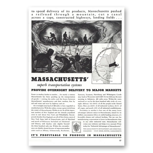 1938 Massachusetts Overnight Delivery to Major Markets Vintage Magazine Print Ad