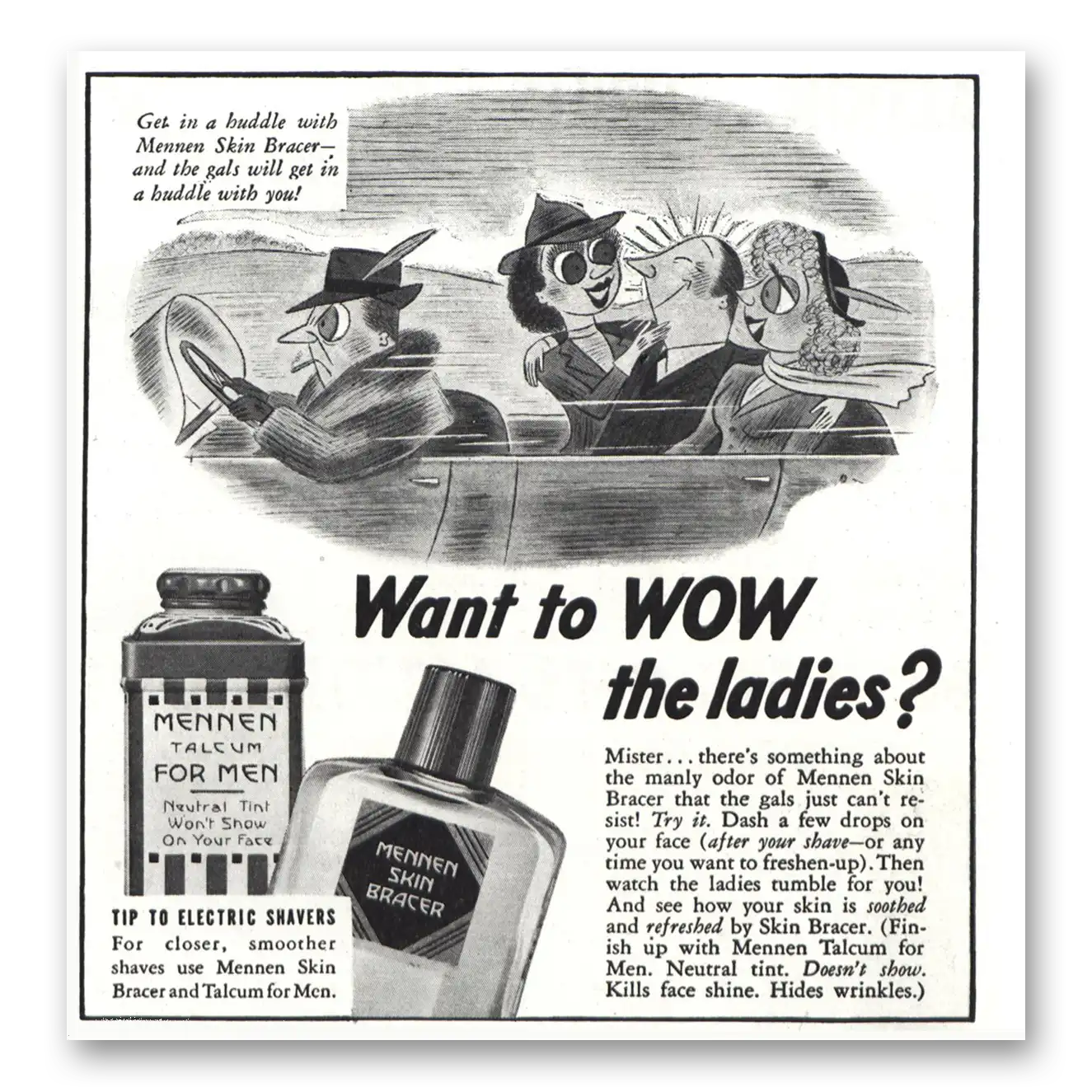 1938 Mennen Skin Bracer Wow the Ladies Vintage Magazine Print Ad