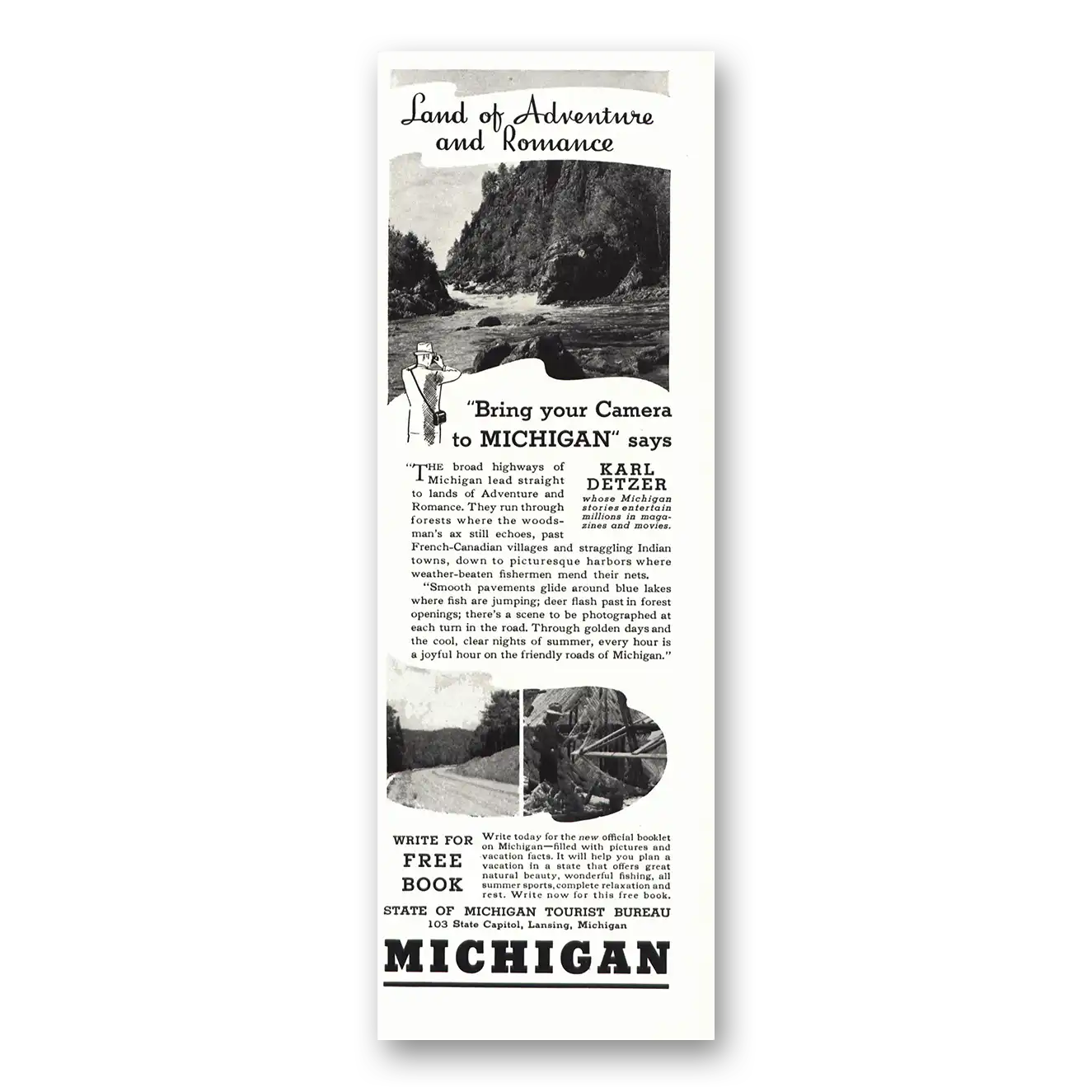 1938 Michigan Land of Adventure and Romance Vintage Magazine Print Ad