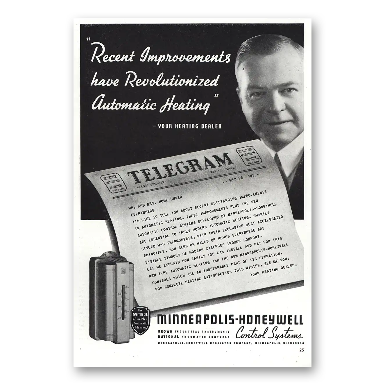 1938 Minneapolis Honeywell Revolutionized Automatic Heating Vintage Magazine Print Ad