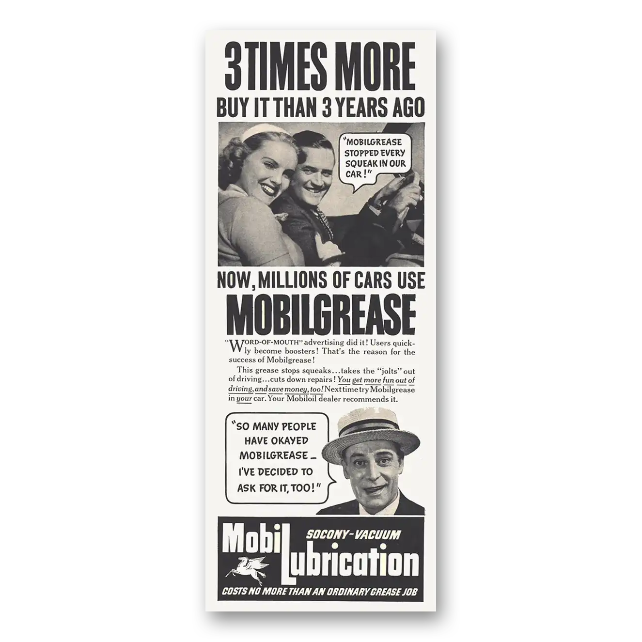 1938 MobiLubrication Mobilgrease Millions of Cars Use 3 Times More Vintage Magazine Print Ad