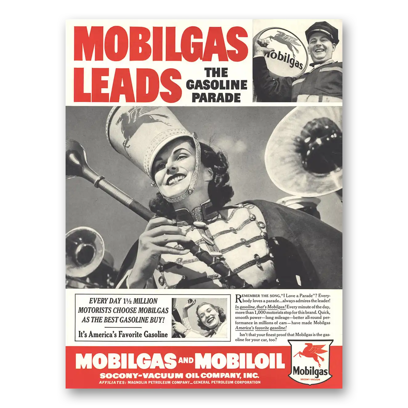 1938 Mobiloil Leads the Gasoline Parade Vintage Magazine Print Ad