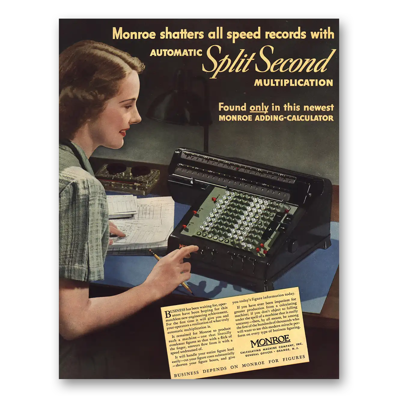 1938 Monroe Calculating Machines Automatic Split Second Multiplication Vintage Magazine Print Ad