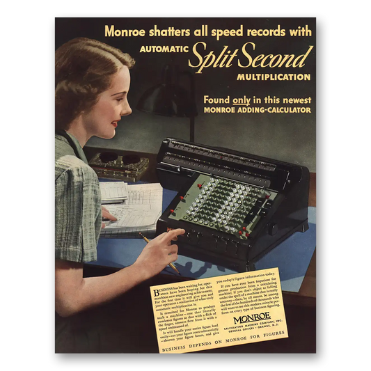 1938 Monroe Calculating Machines Automatic Split Second Multiplication Vintage Magazine Print Ad