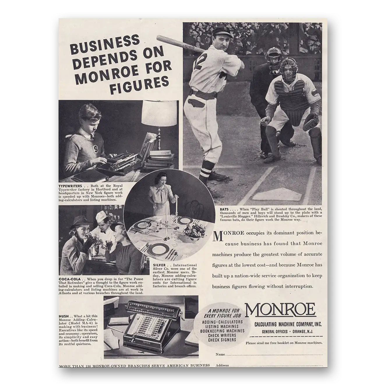 1938 Monroe Calculating Machines Calculators Business Depends On Monroe Baseball Vintage Magazine Print Ad