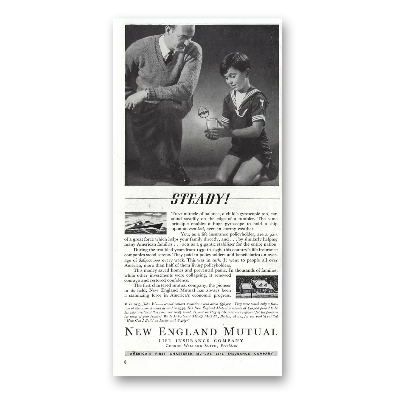 1938 New England Mutual Life Insurance Steady Vintage Magazine Print Ad