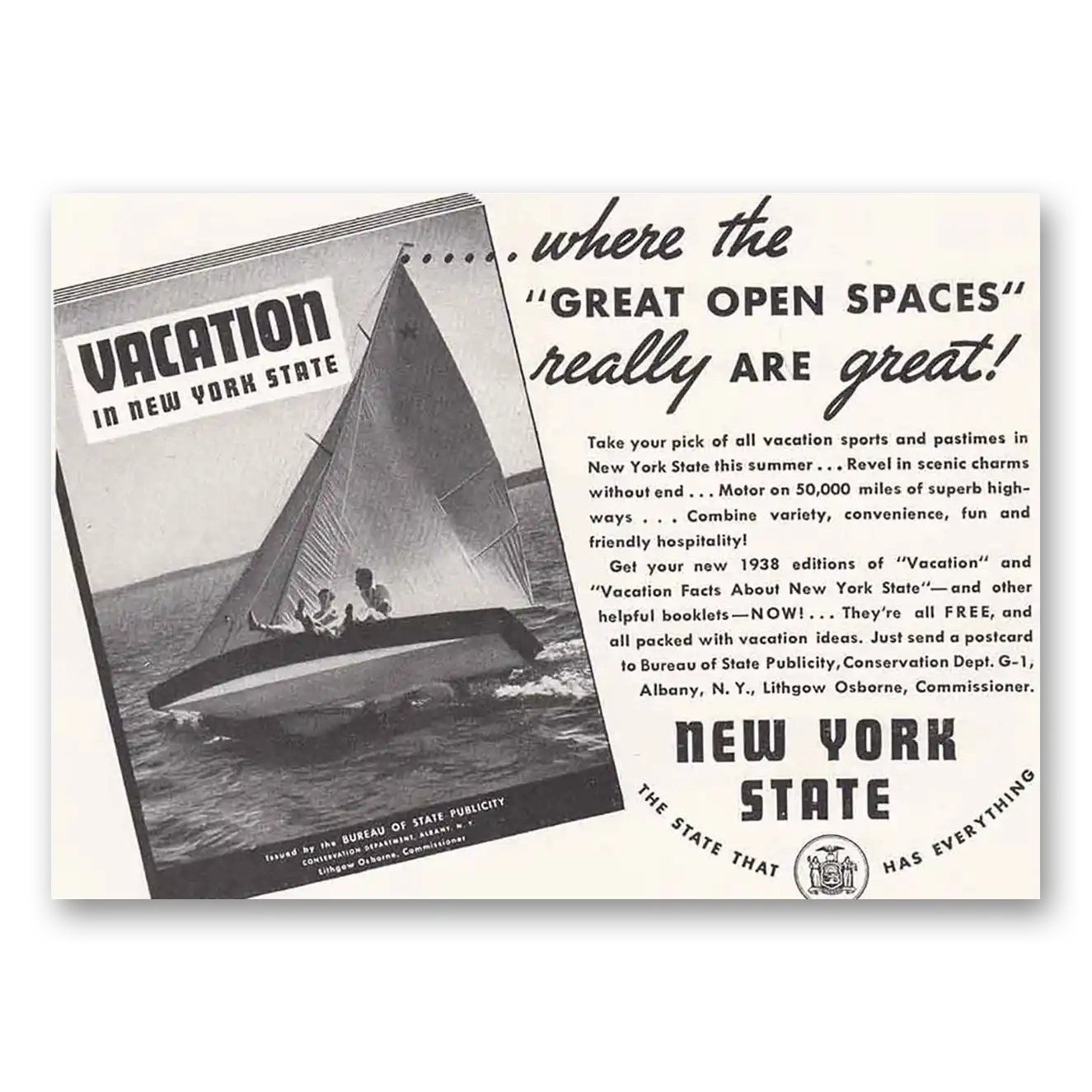 1938 New York Where the Great Open Spaces Vintage Magazine Print Ad