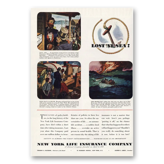 1938 New York Life Insurance Lost at Sea Vintage Magazine Print Ad