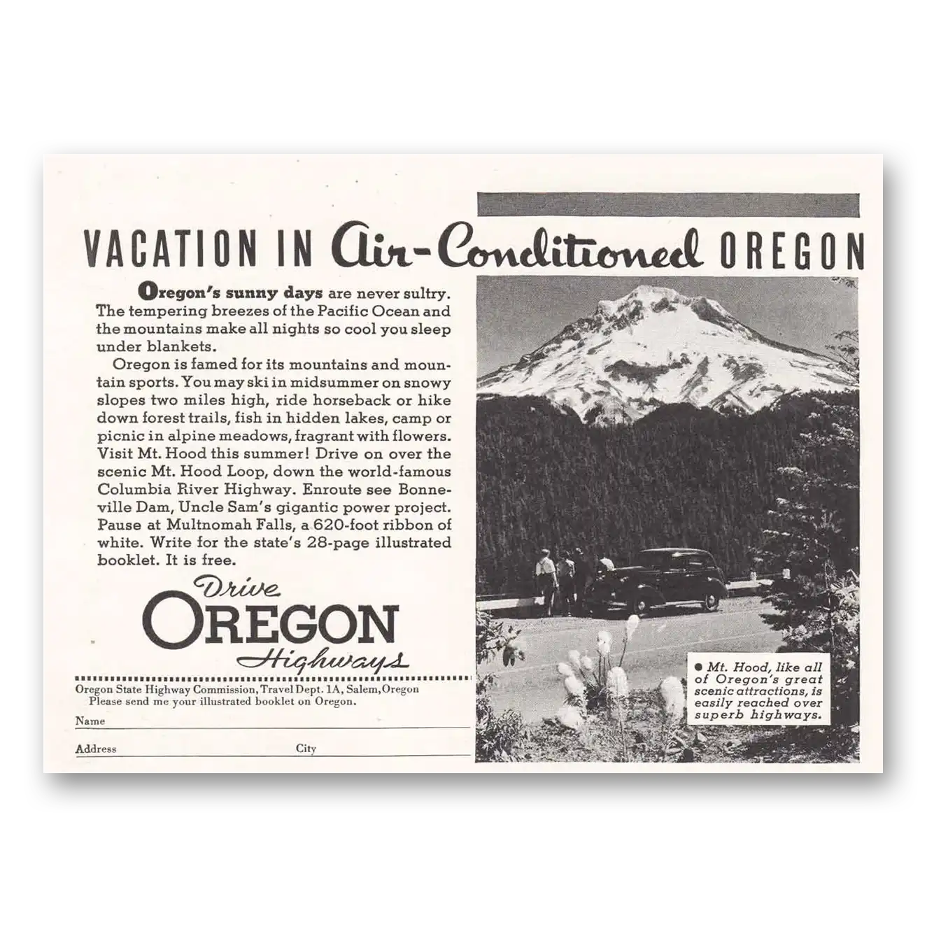 1938 Oregon Vacation in Air Conditioned Oregon Vintage Magazine Print Ad