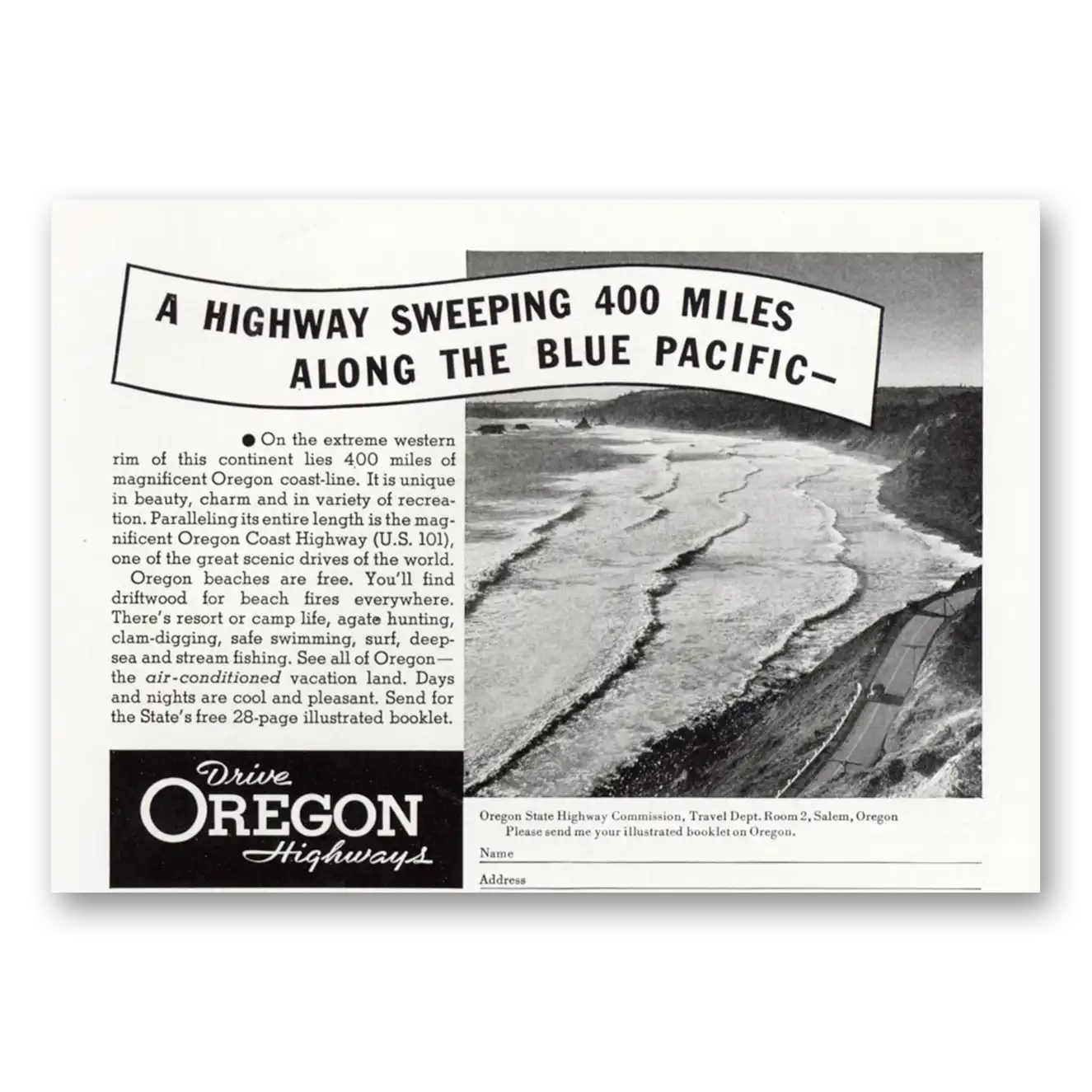 1938 Oregon Highway Sweeping 400 Miles Along the Blue Pacific Vintage Magazine Print Ad