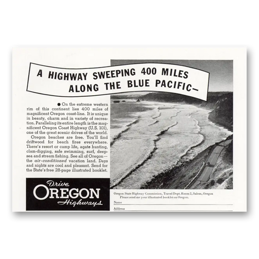 1938 Oregon Highway Sweeping 400 Miles Along the Blue Pacific Vintage Magazine Print Ad