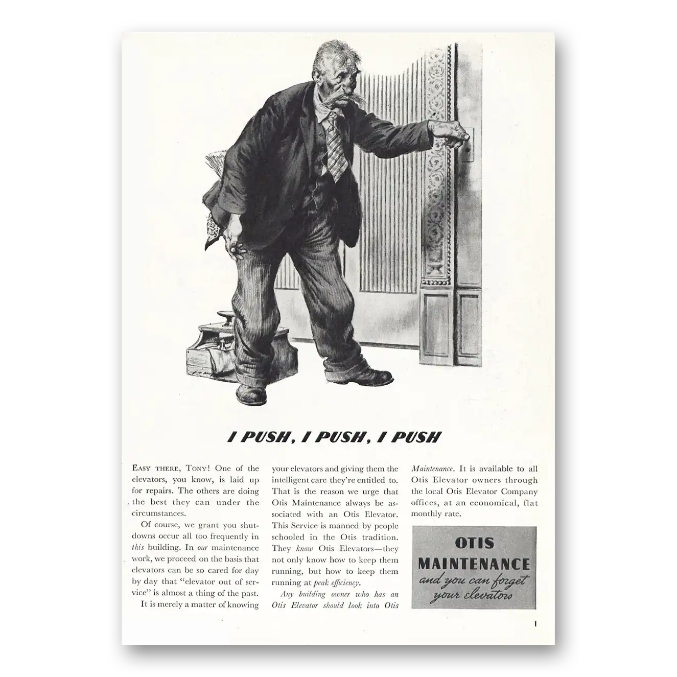 1938 Otis Elevator Otis Maintenance I Push Vintage Magazine Print Ad