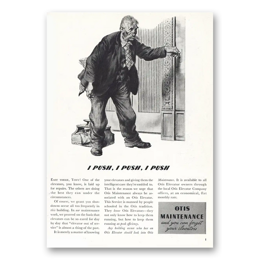 1938 Otis Elevator Otis Maintenance I Push Vintage Magazine Print Ad