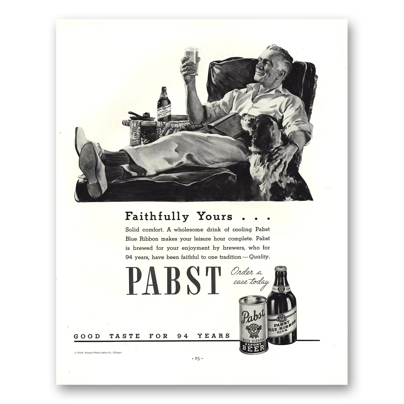 1938 Pabst Blue Ribbon Beer Faithfully Yours Vintage Magazine Print Ad