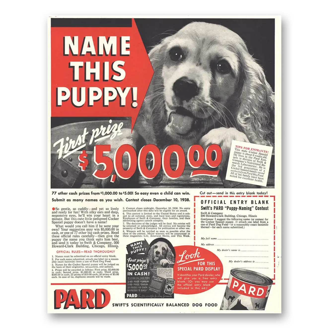 1938 Swift and Company Pard Dog Food Name This Puppy Vintage Magazine Print Ad