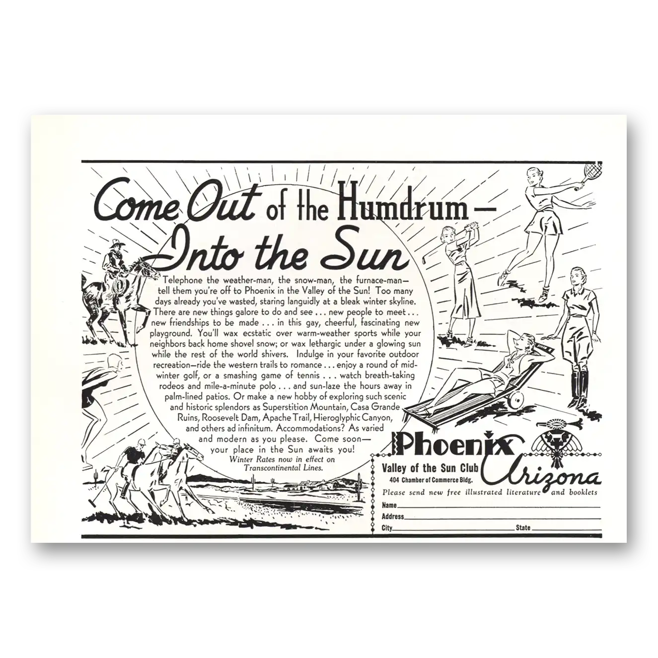 1938 Phoenix Arizona Come Out of the Humdrum Vintage Magazine Print Ad