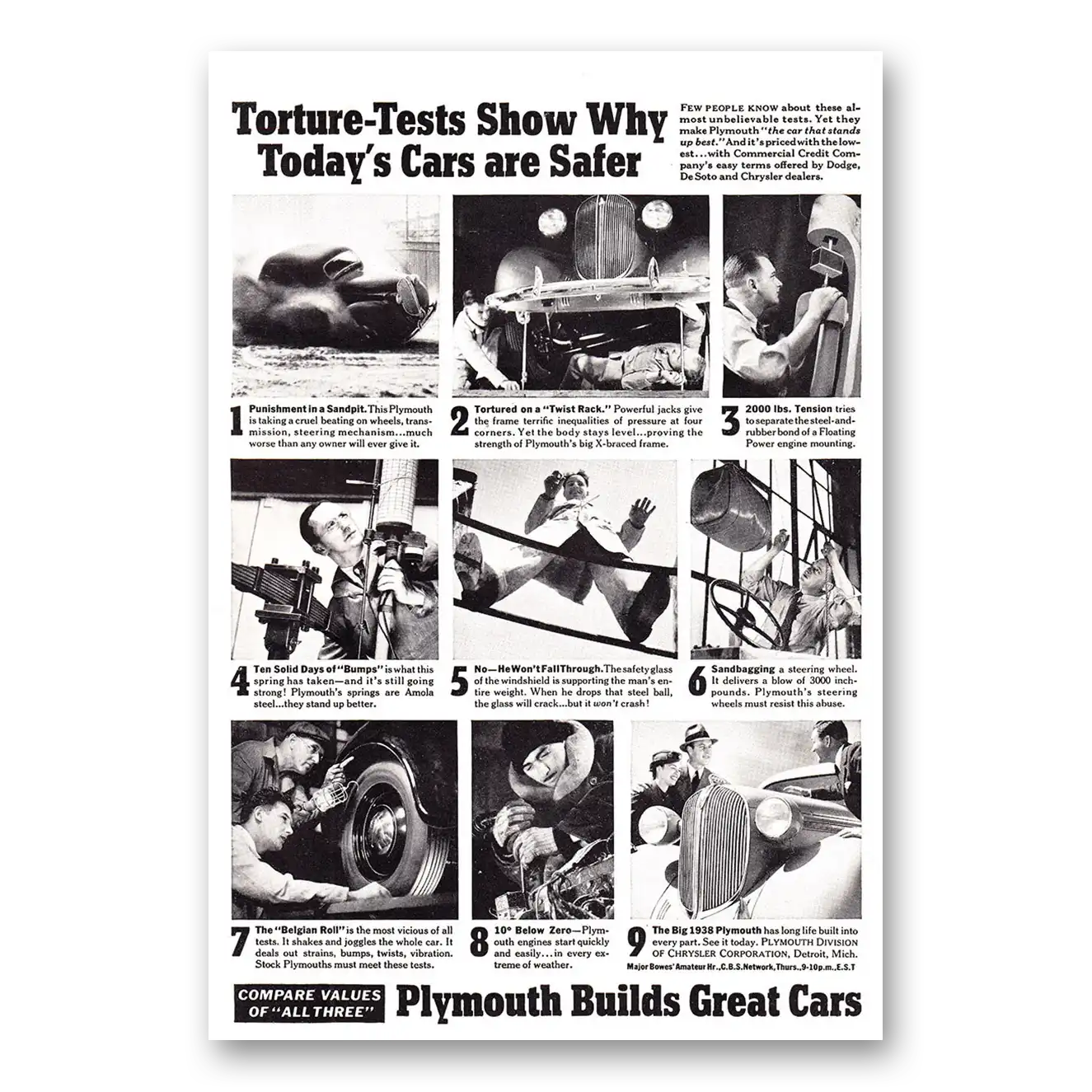 1938 Plymouth Torture Tests Show Why Todays Cars are Safer Vintage Magazine Print Ad